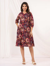 Women's Wine Pure Cotton Floral Peinted A-line Dress