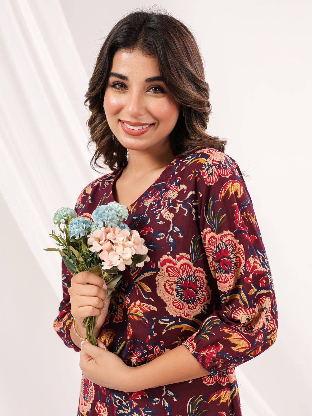 Women's Wine Pure Cotton Floral Peinted A-line Dress