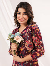 Women's Wine Pure Cotton Floral Peinted A-line Dress