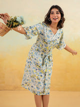 Women's Off White Linen Cotton Floral Printed A-line Dress