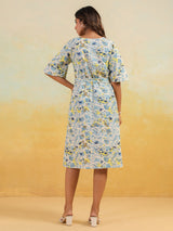 Women's Off White Linen Cotton Floral Printed A-line Dress