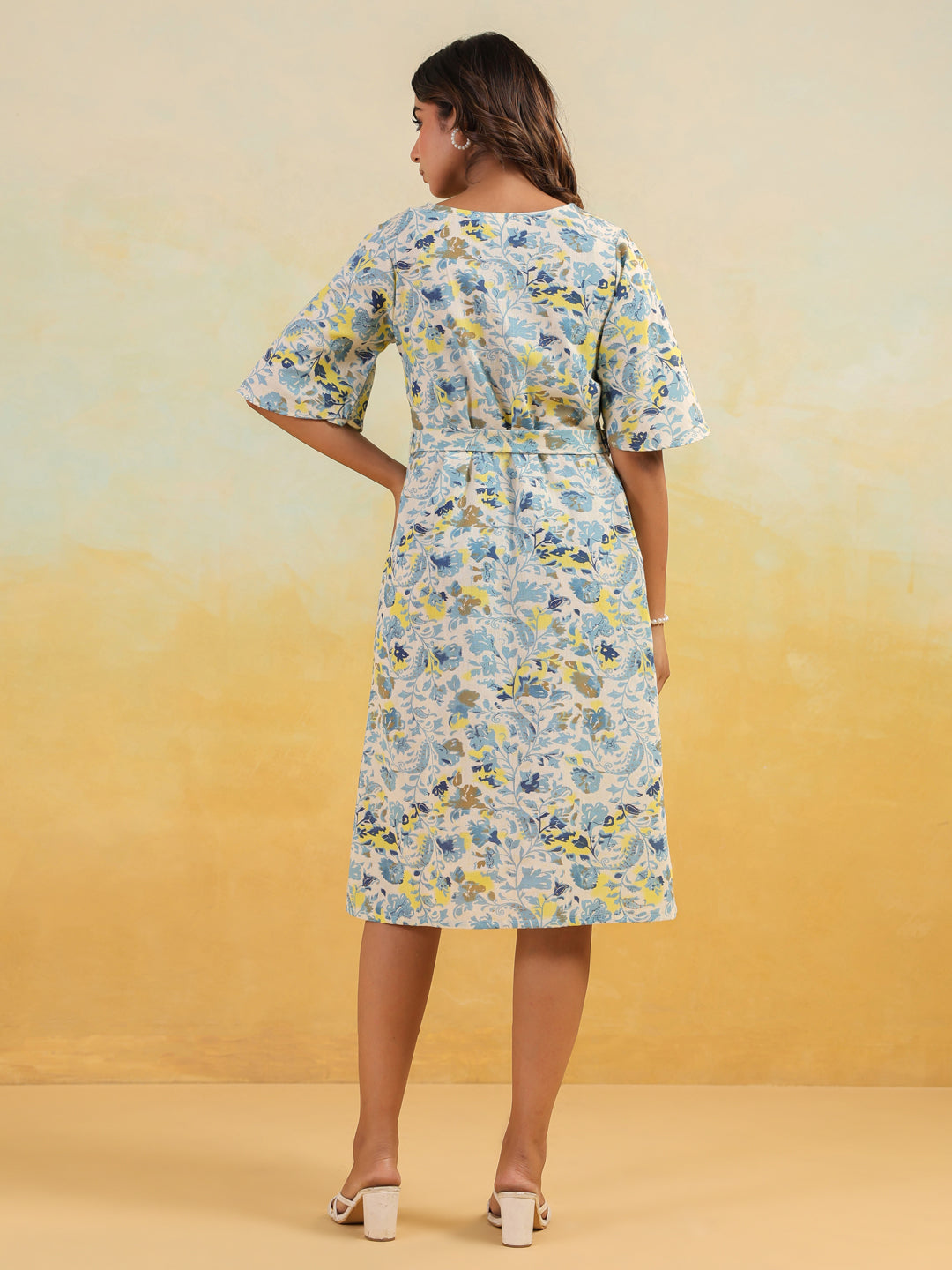 Women's Off White Linen Cotton Floral Printed A-line Dress