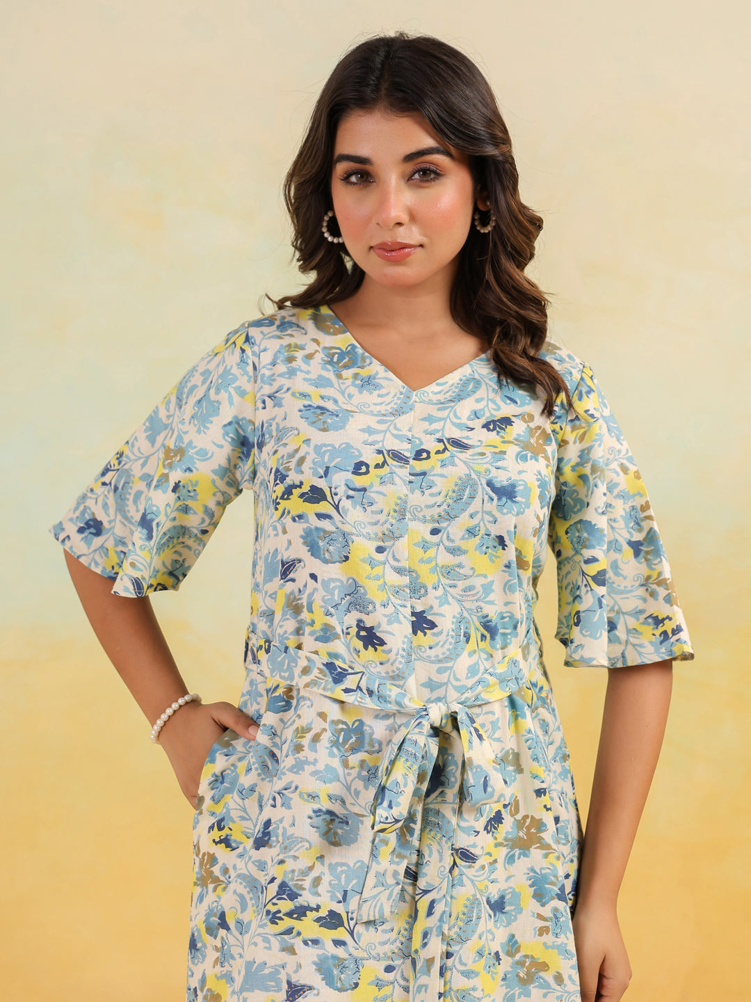 Women's Off White Linen Cotton Floral Printed A-line Dress