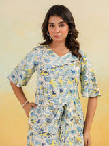 Women's Off White Linen Cotton Floral Printed A-line Dress