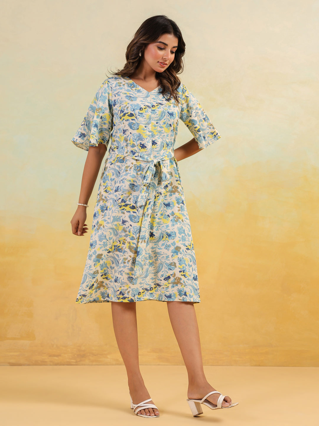 Women's Off White Linen Cotton Floral Printed A-line Dress