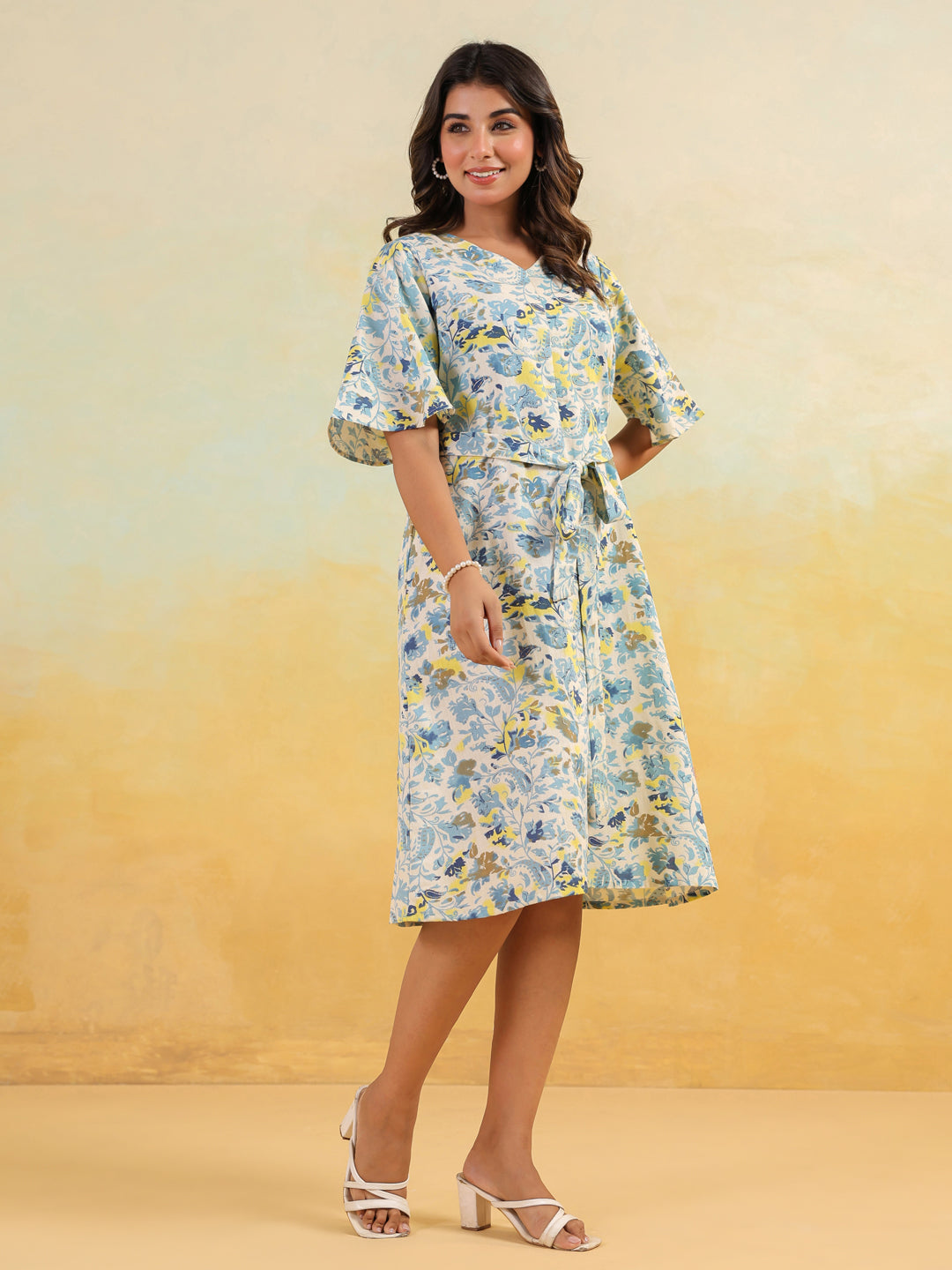 Women's Off White Linen Cotton Floral Printed A-line Dress