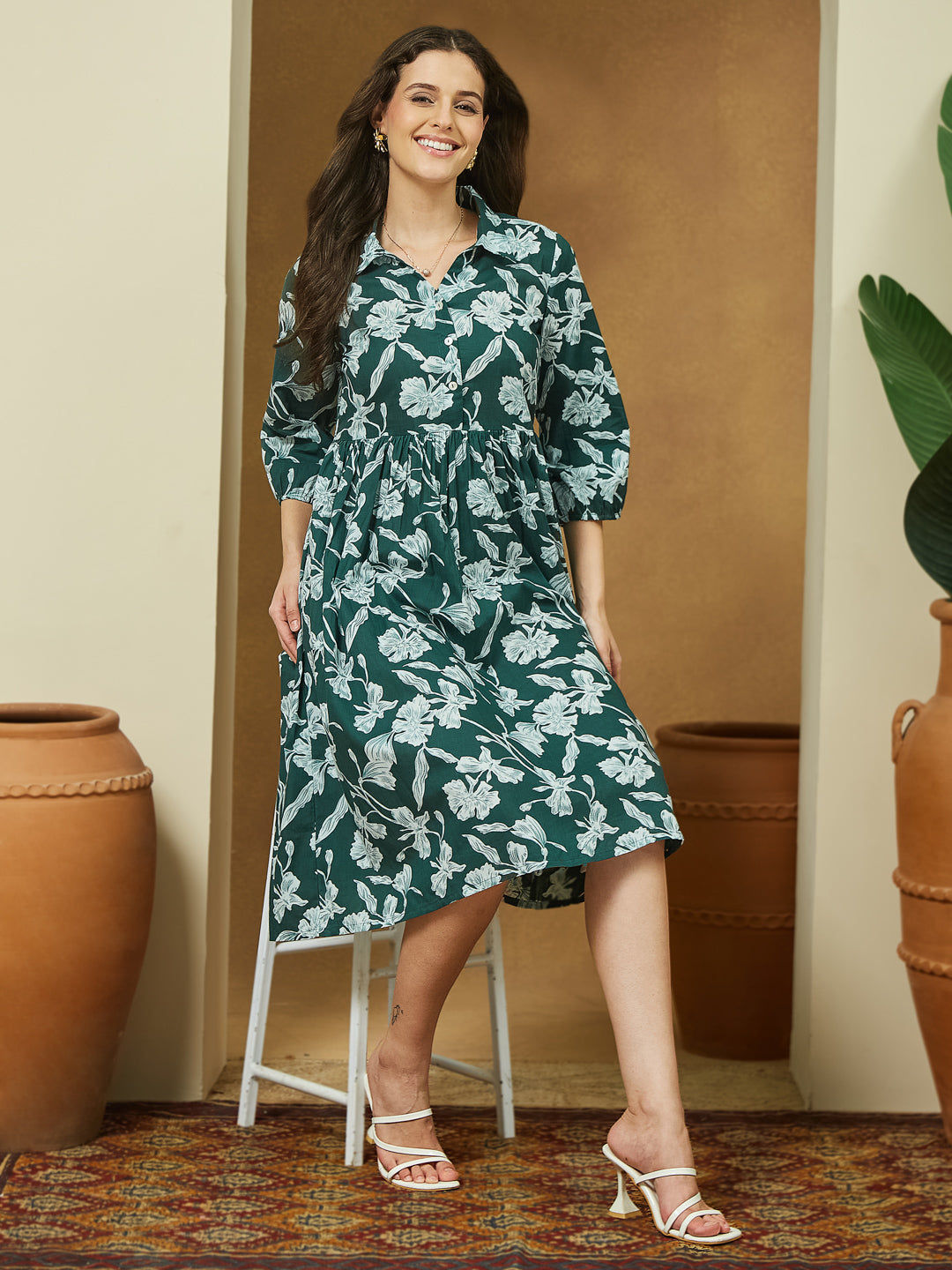 Women's Green Pure Cotton Floral Printed Fit & Flare Dress