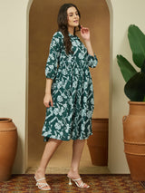 Women's Green Pure Cotton Floral Printed Fit & Flare Dress