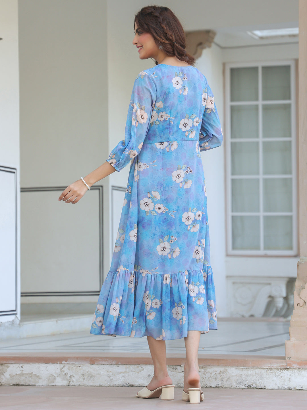 Blue Georgette Floral Printed A-line Dress