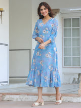 Blue Georgette Floral Printed A-line Dress