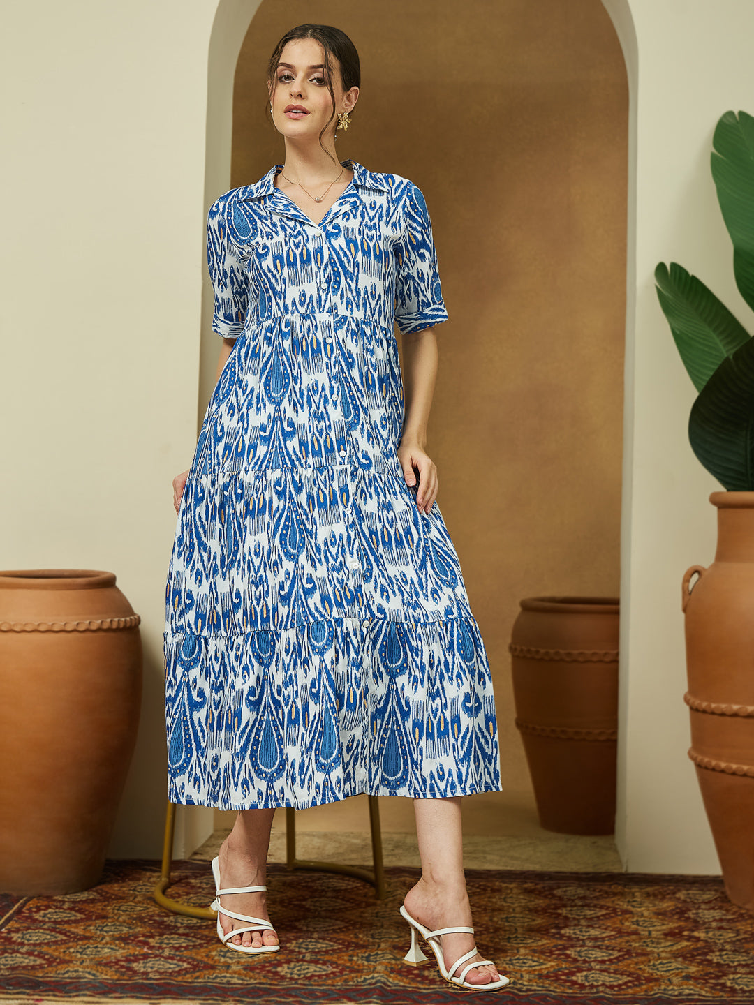 Women's Indigo Blue Linen Cotton Ikkat Printed Tiered Dress