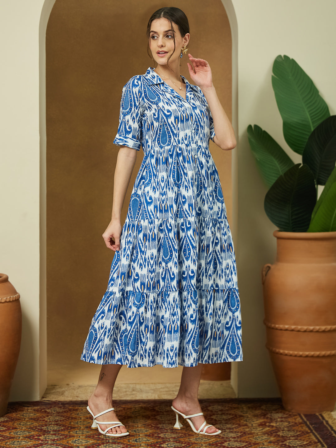 Women's Indigo Blue Linen Cotton Ikkat Printed Tiered Dress