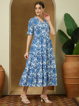 Women's Indigo Blue Linen Cotton Ikkat Printed Tiered Dress