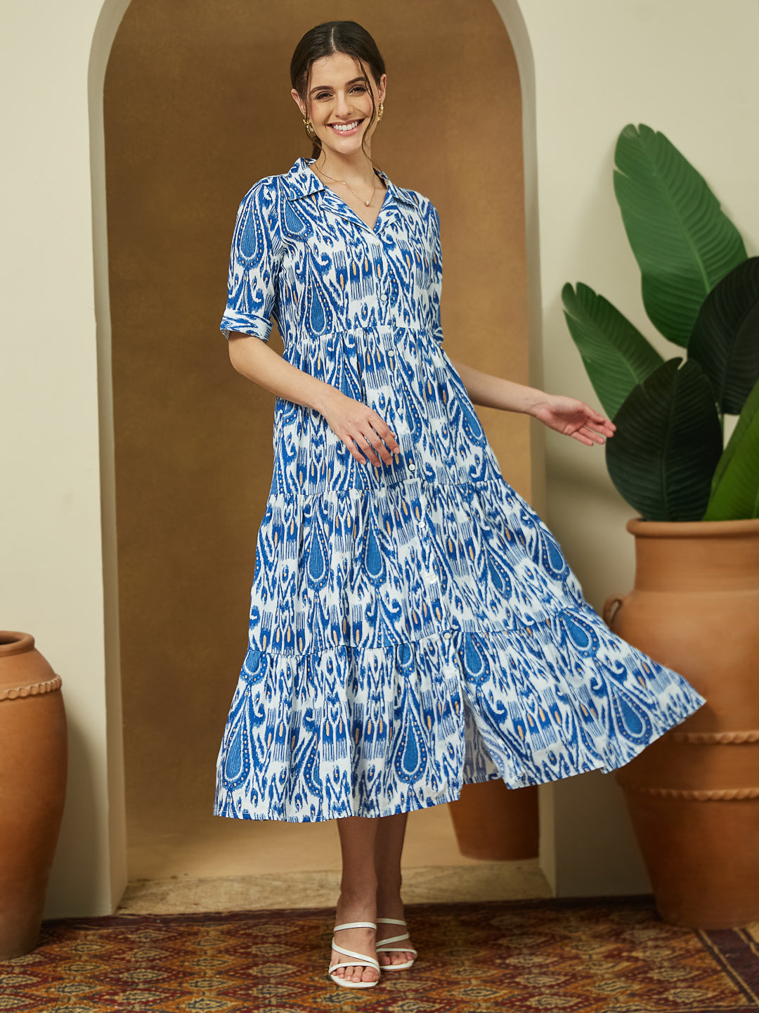 Women's Indigo Blue Linen Cotton Ikkat Printed Tiered Dress