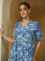 Women's Indigo Blue Linen Cotton Ikkat Printed Tiered Dress