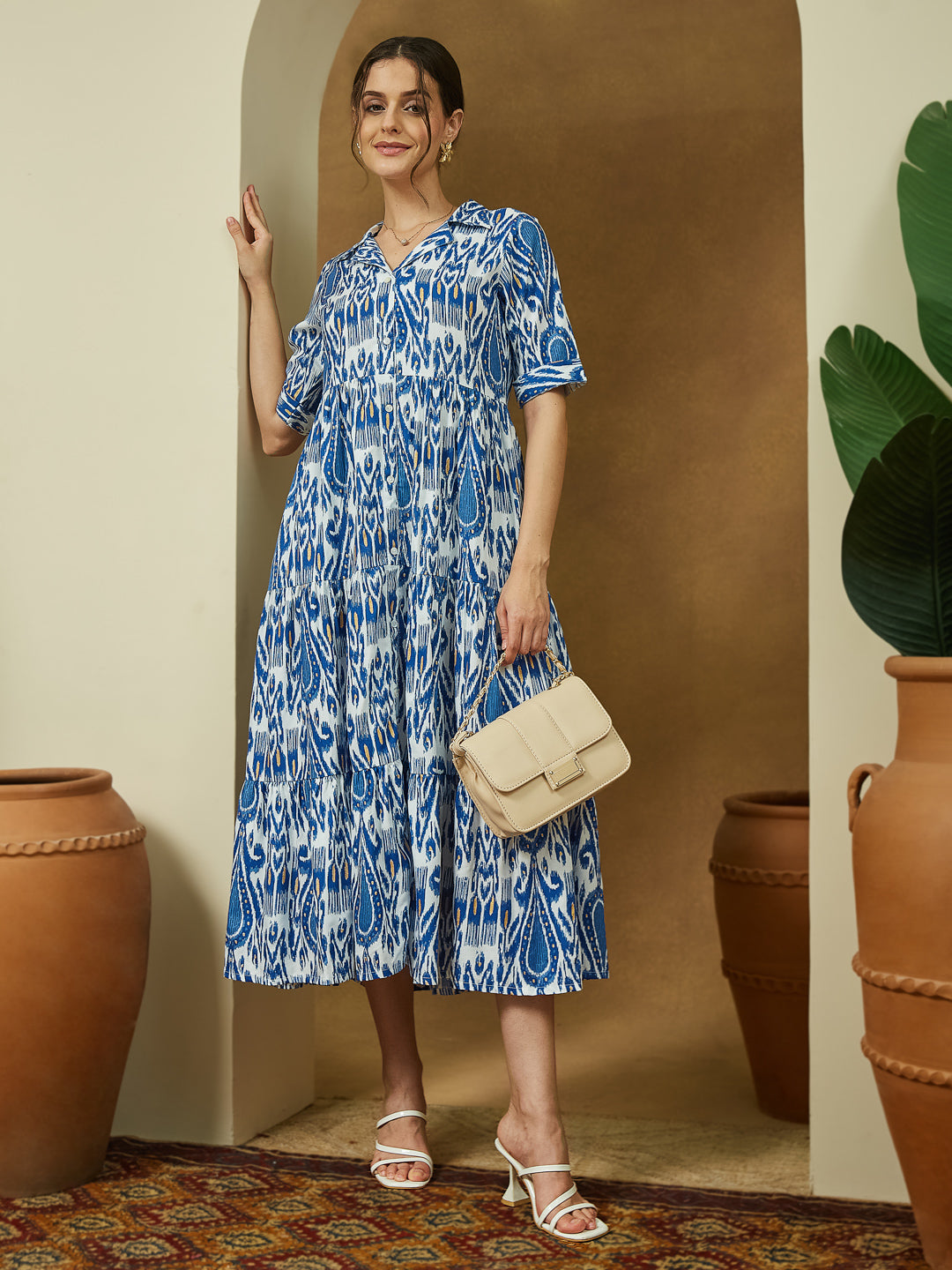 Women's Indigo Blue Linen Cotton Ikkat Printed Tiered Dress