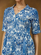 Women's Indigo Blue Linen Cotton Ikkat Printed Tiered Dress