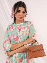 Women's Mint Green Pure Cotton Floral Printed A-line Dress