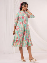 Women's Mint Green Pure Cotton Floral Printed A-line Dress