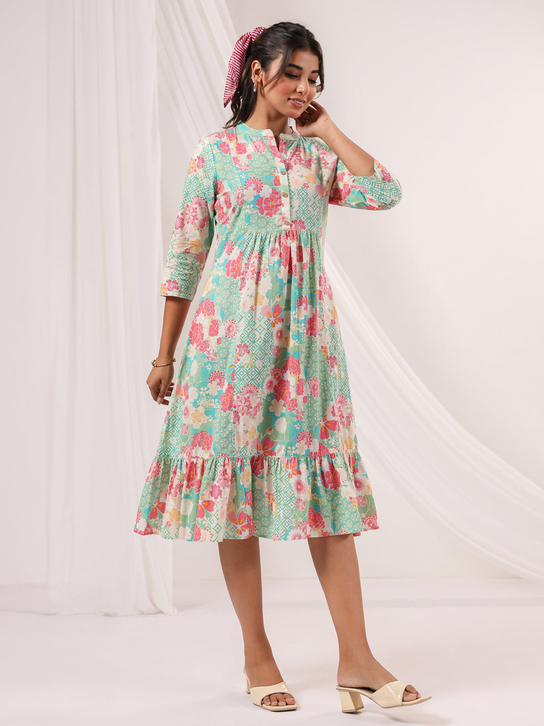 Women's Mint Green Pure Cotton Floral Printed A-line Dress