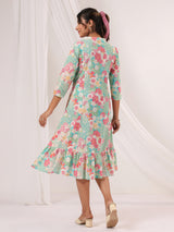 Women's Mint Green Pure Cotton Floral Printed A-line Dress