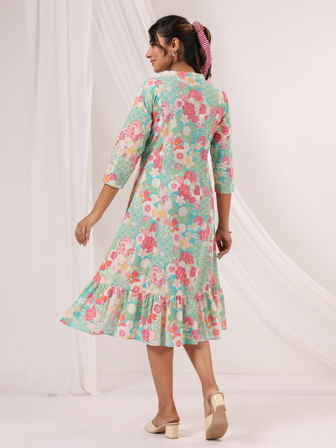 Women's Mint Green Pure Cotton Floral Printed A-line Dress