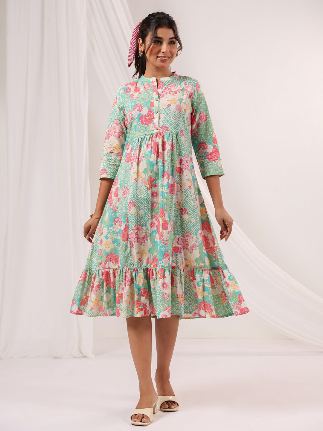 Women's Mint Green Pure Cotton Floral Printed A-line Dress