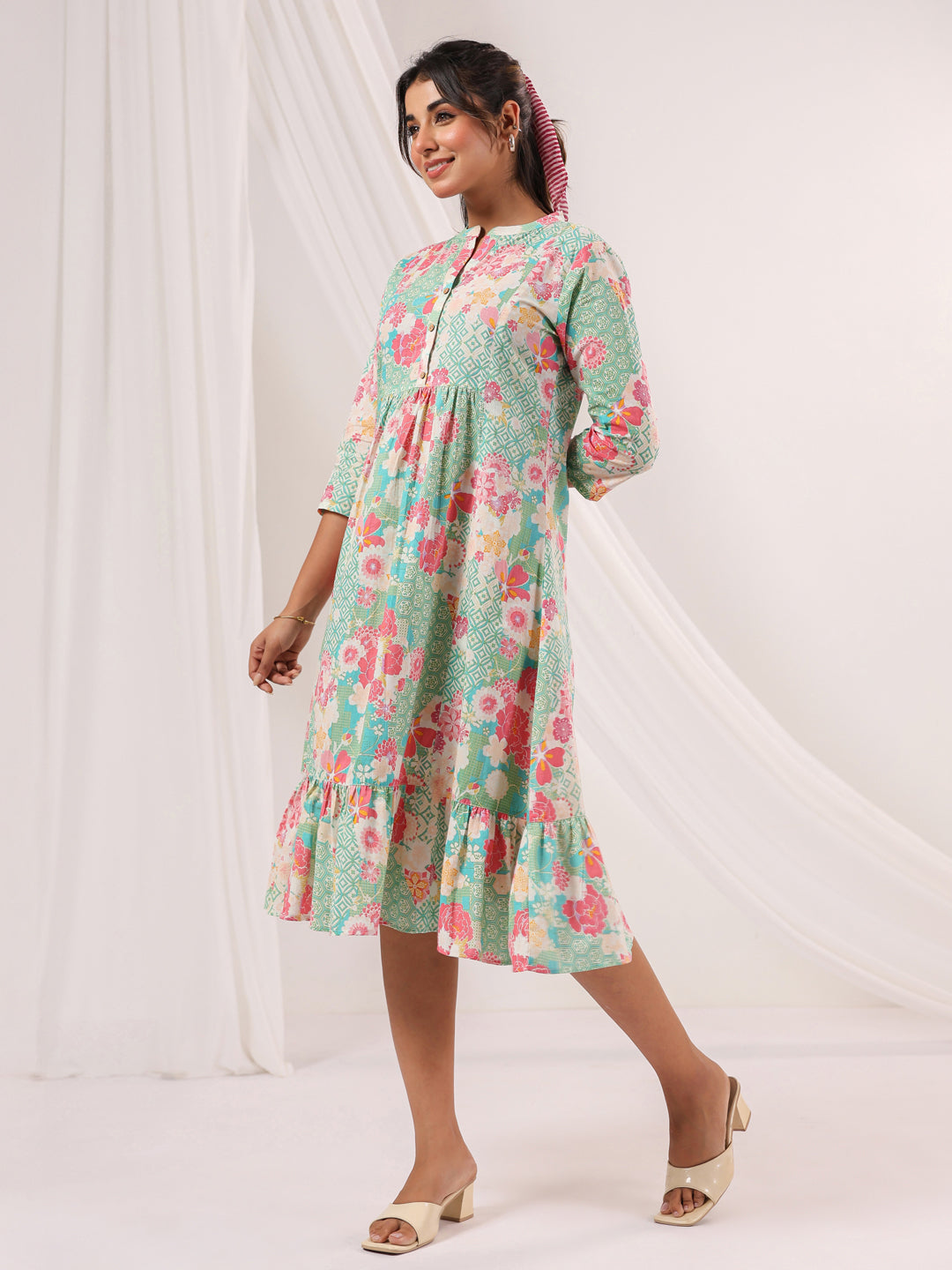 Women's Mint Green Pure Cotton Floral Printed A-line Dress