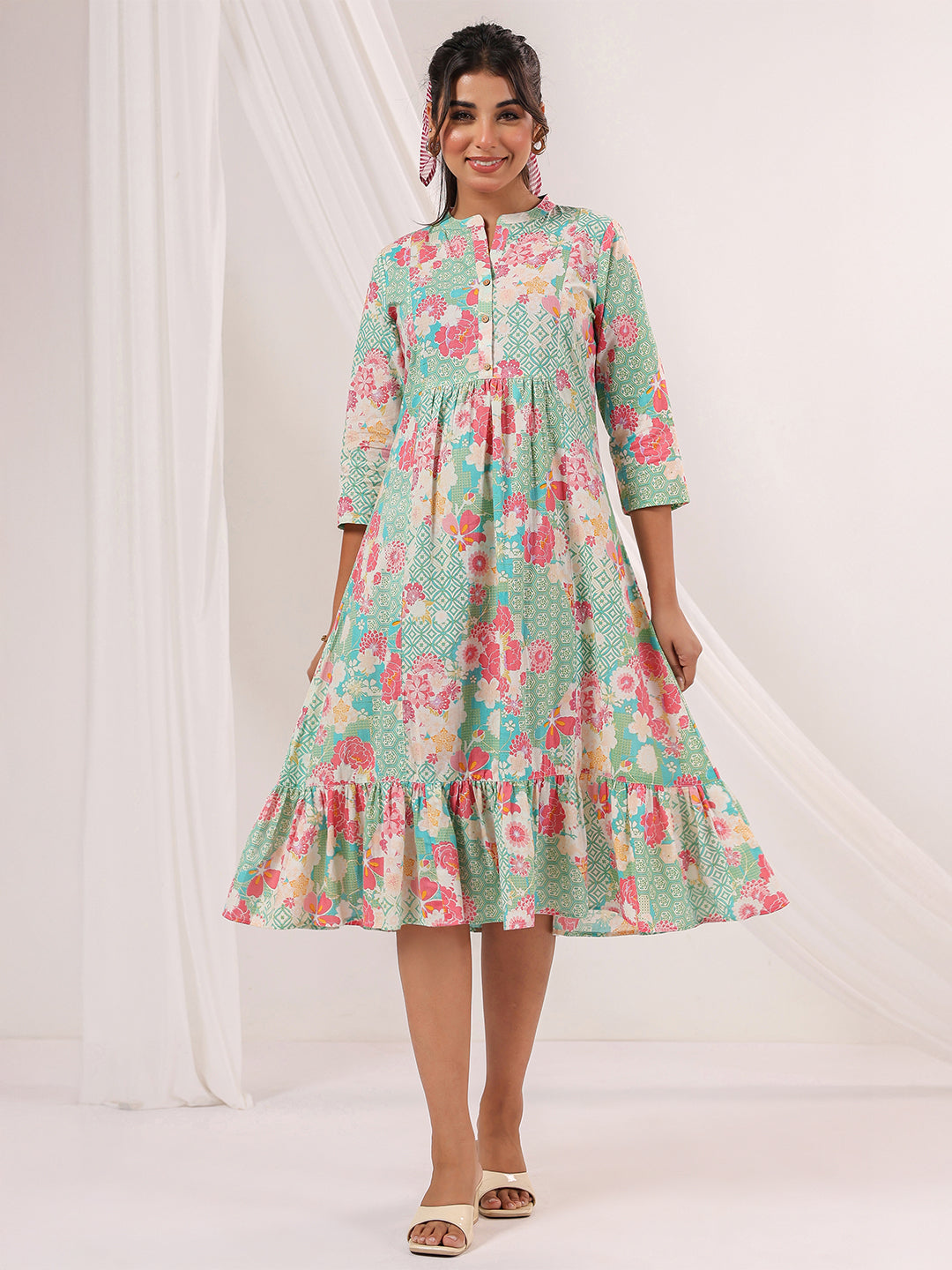 Women's Mint Green Pure Cotton Floral Printed A-line Dress