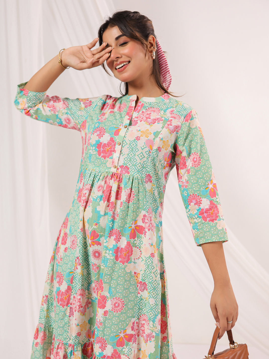 Women's Mint Green Pure Cotton Floral Printed A-line Dress