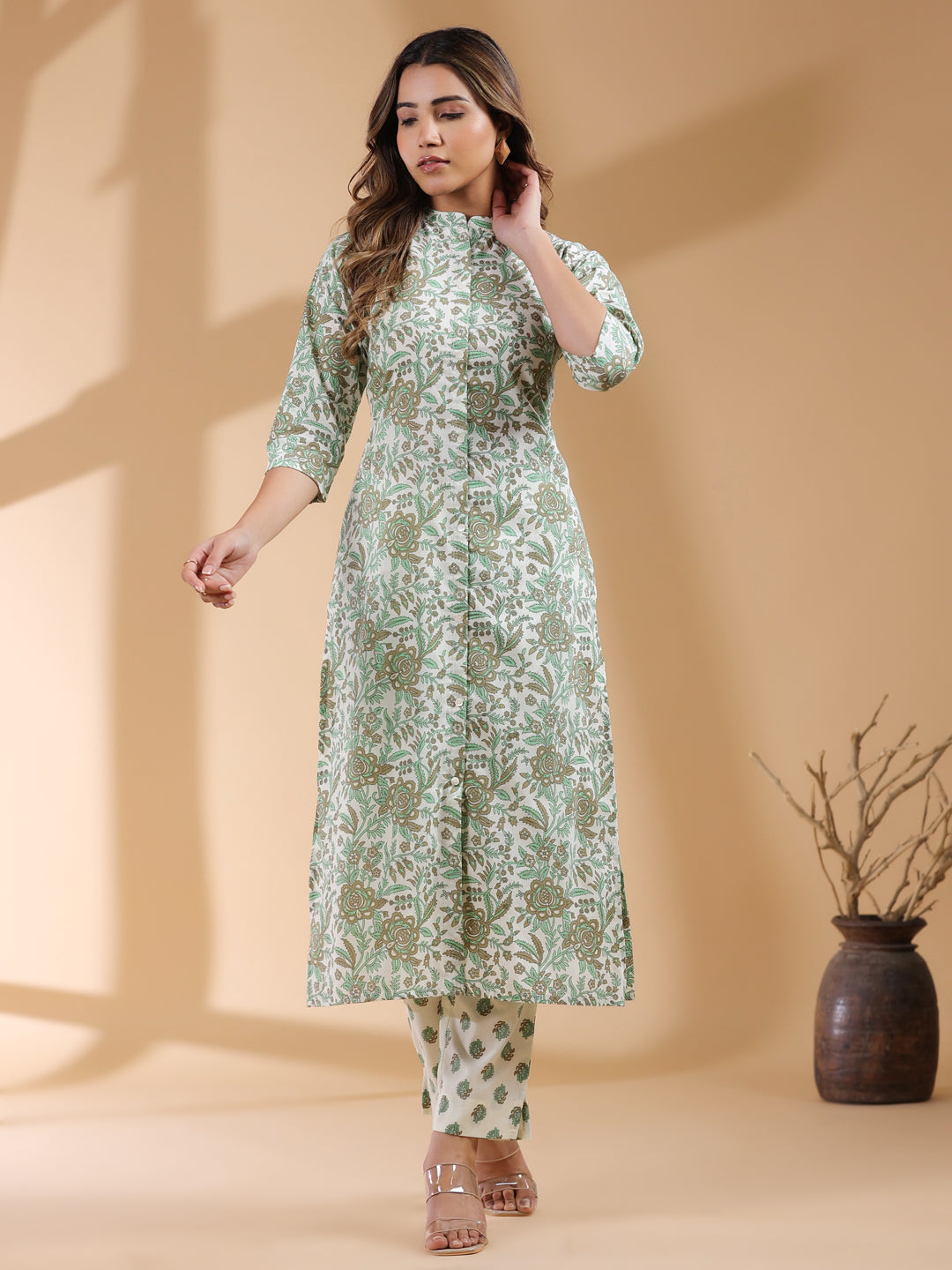 Cream Pure Cotton Floral Printed Straight Kurta Pant Set