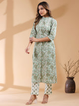 Cream Pure Cotton Floral Printed Straight Kurta Pant Set
