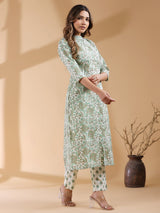 Cream Pure Cotton Floral Printed Straight Kurta Pant Set