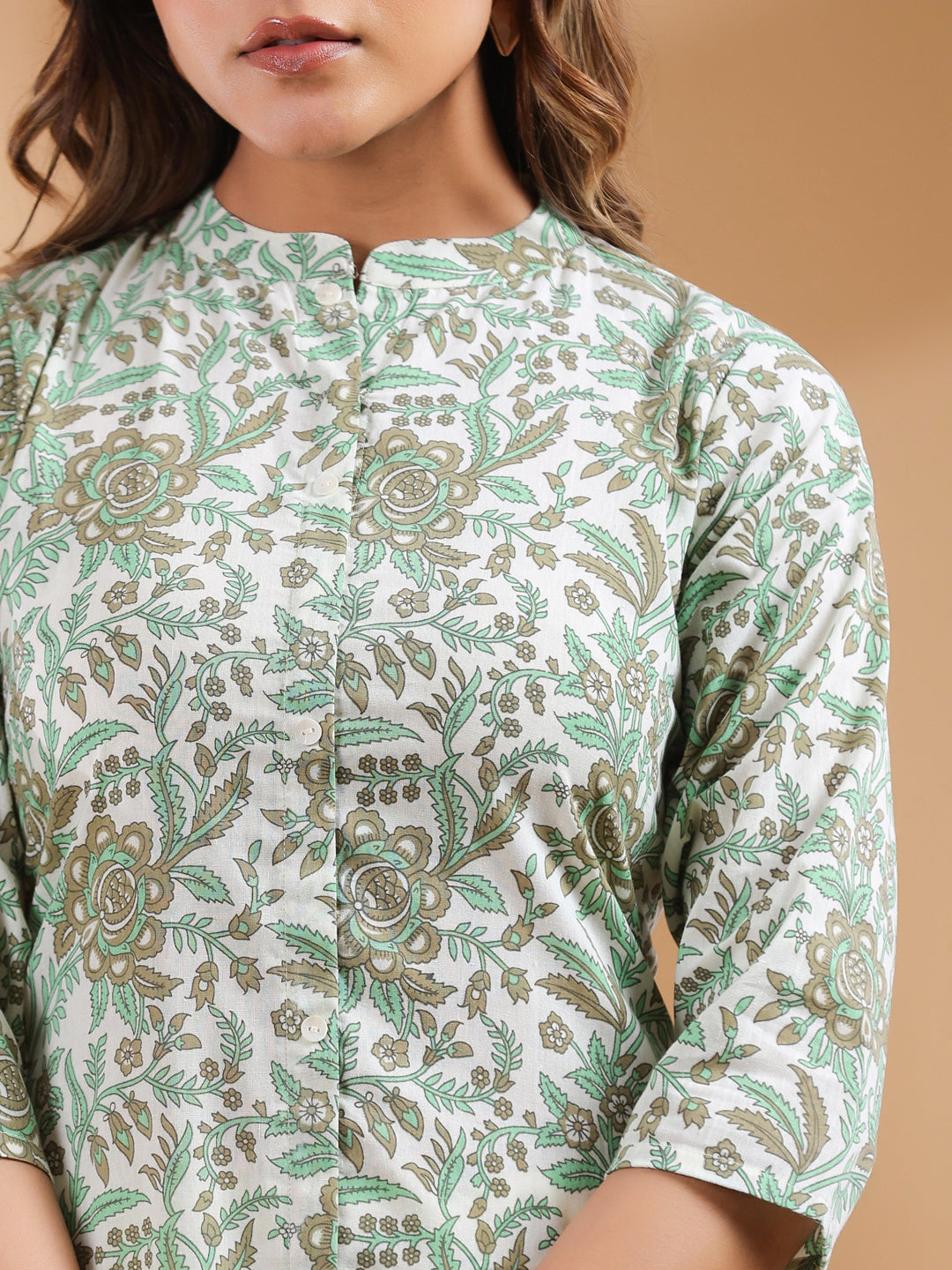 Cream Pure Cotton Floral Printed Straight Kurta Pant Set