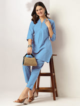 Women's Light Blue Cotton Solid A-line Co-ord Set