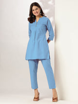 Women's Light Blue Cotton Solid A-line Co-ord Set