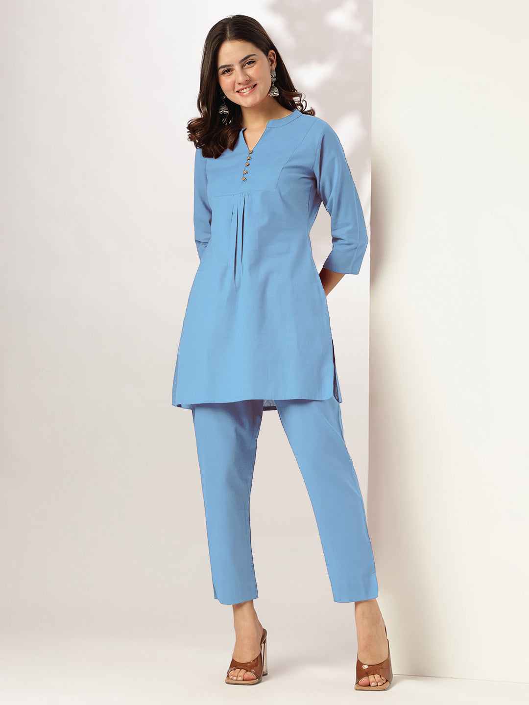 Women's Light Blue Cotton Solid A-line Co-ord Set