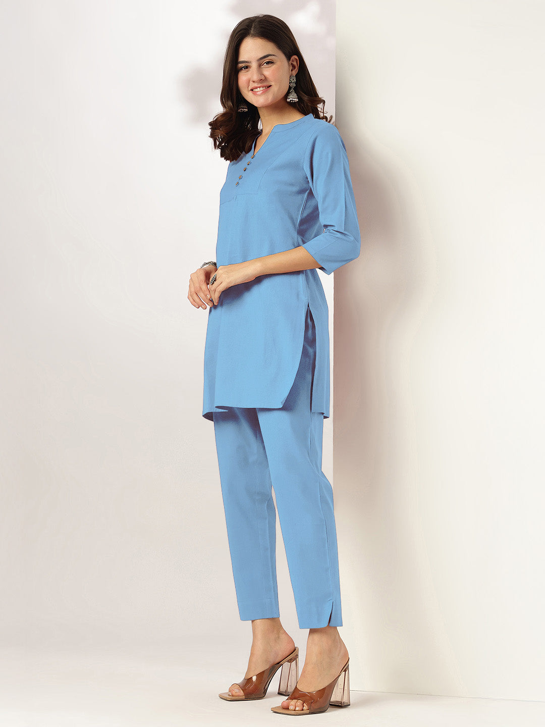 Women's Light Blue Cotton Solid A-line Co-ord Set