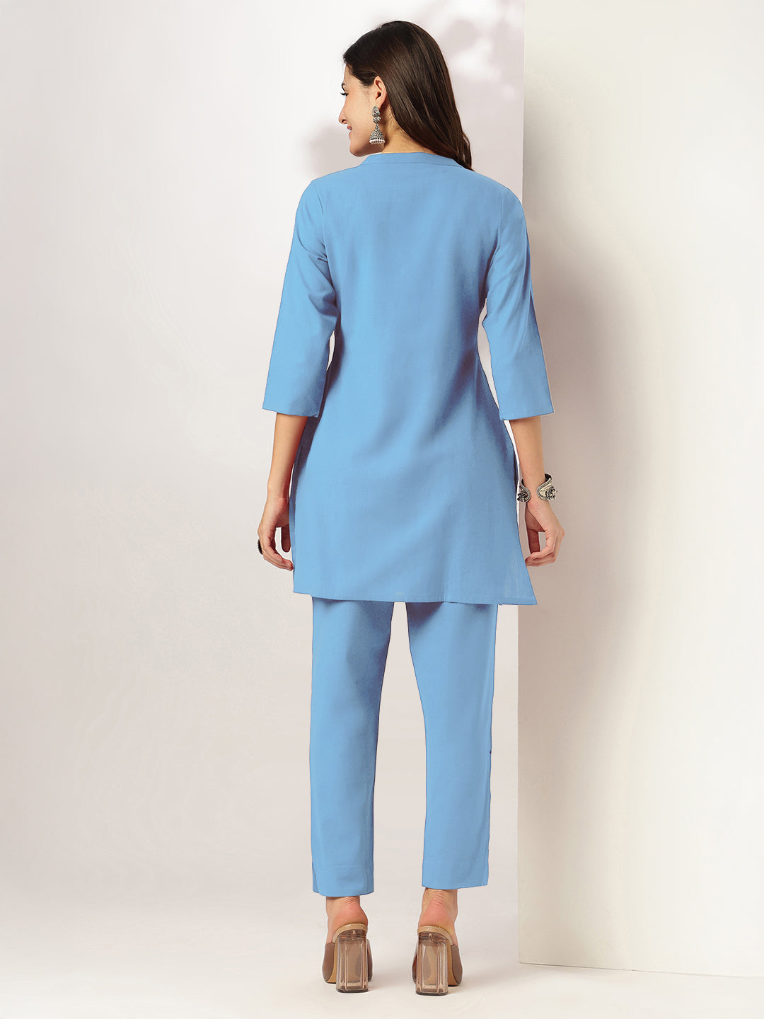 Women's Light Blue Cotton Solid A-line Co-ord Set