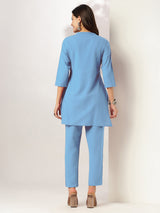 Women's Light Blue Cotton Solid A-line Co-ord Set