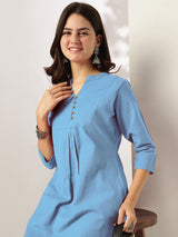 Women's Light Blue Cotton Solid A-line Co-ord Set