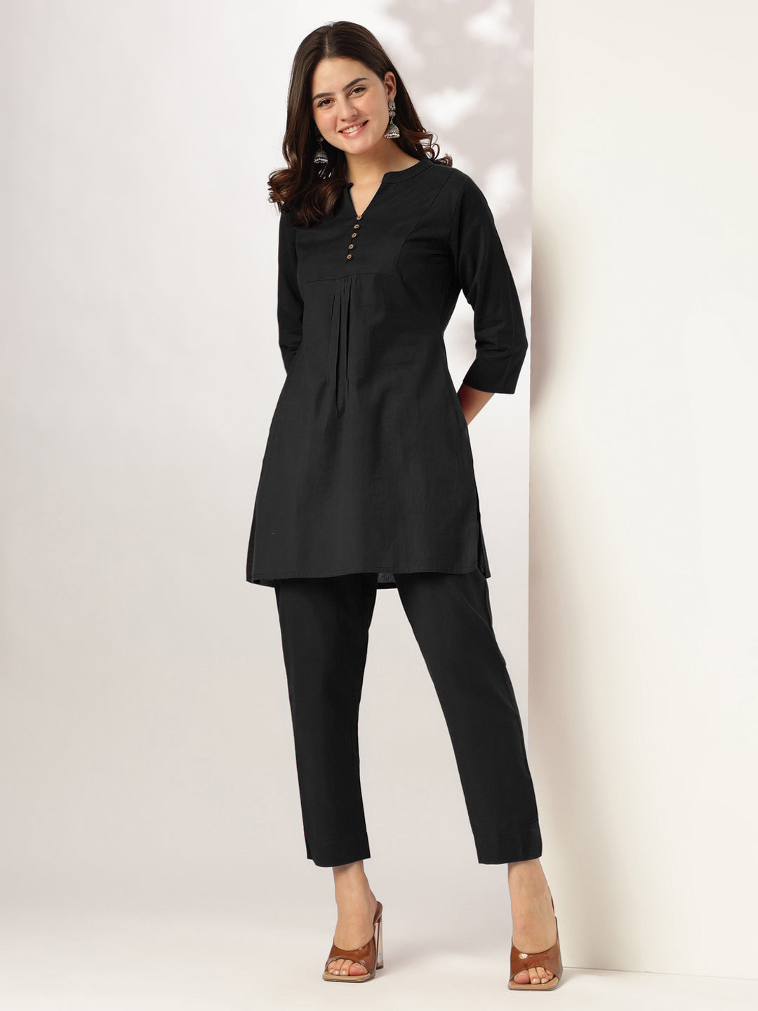 Women's Black Cotton Solid A-line Co-ord Set