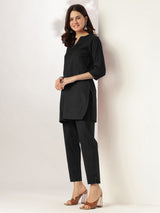 Women's Black Cotton Solid A-line Co-ord Set