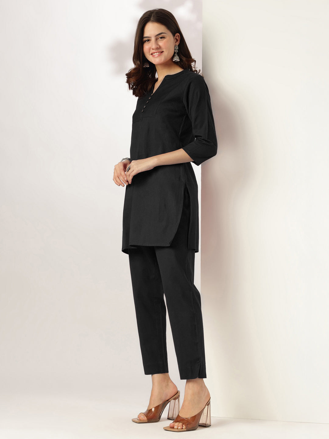 Women's Black Cotton Solid A-line Co-ord Set