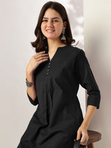 Women's Black Cotton Solid A-line Co-ord Set