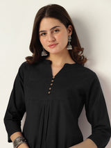 Women's Black Cotton Solid A-line Co-ord Set