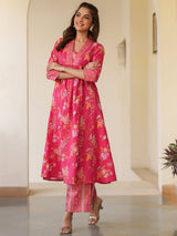 Pink Pure Cotton Floral Printed A-line Kurta Pant Set