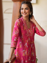 Pink Pure Cotton Floral Printed A-line Kurta Pant Set