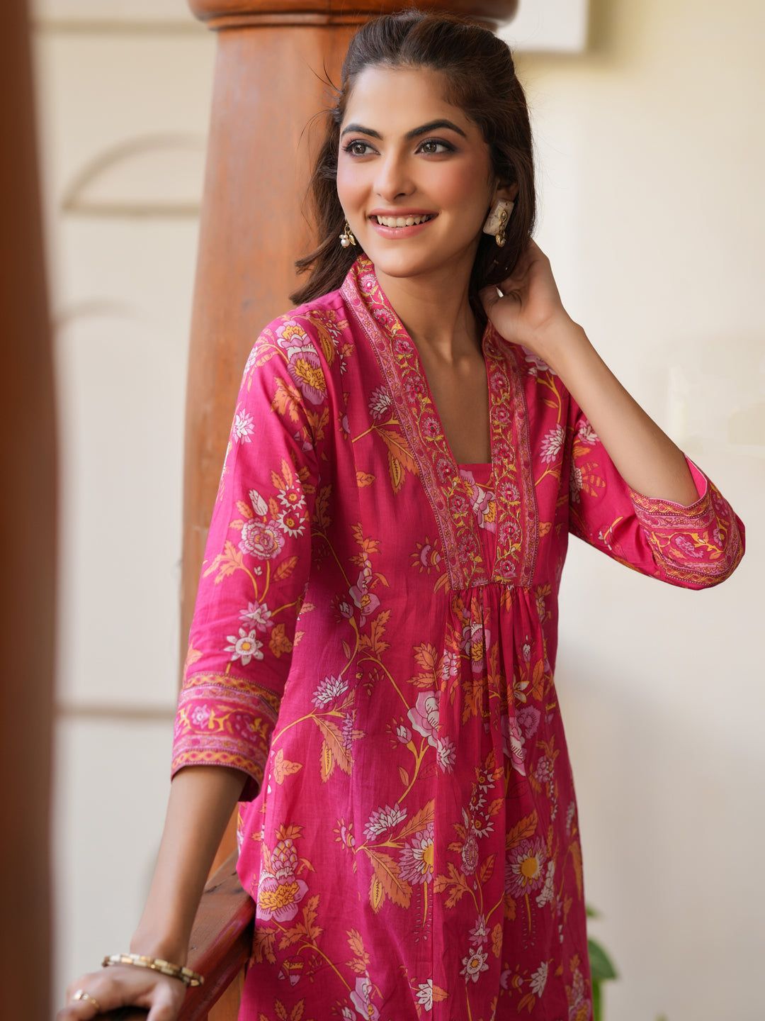 Pink Pure Cotton Floral Printed A-line Kurta Pant Set