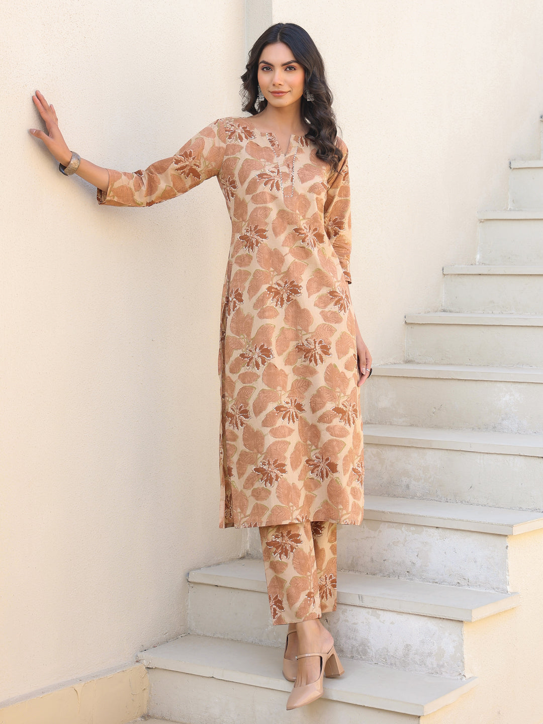 Beige Pure Cotton Floral Printed Straight Kurta Pant Set